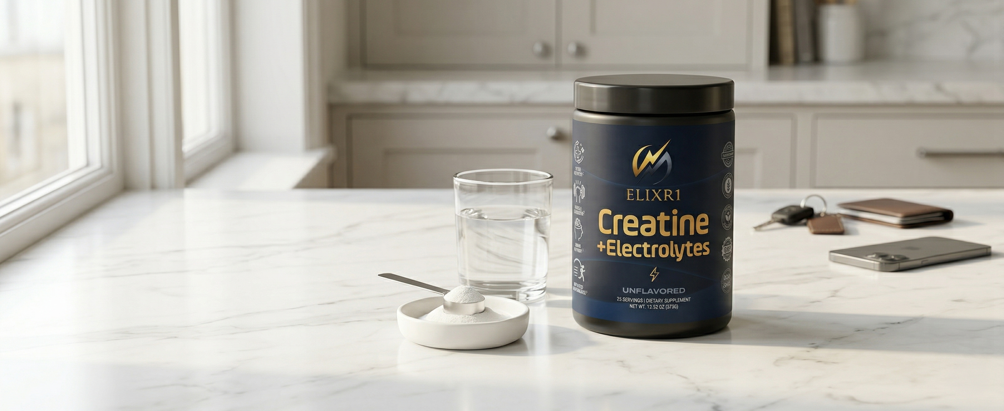 ELIXR1 creatine and electrolytes on marble countertop